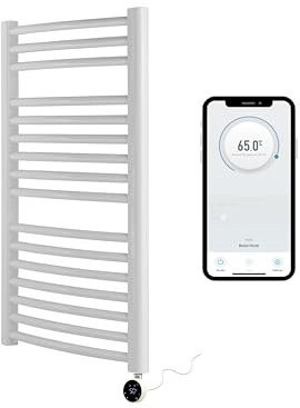 Greened House White Electric Smart WiFi Controlled Heated Towel Rail 500mm W x 800mm H Curved 7 Day Programmable Timer App Compatibility (White Towel Rail + White WiFi Element)