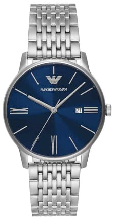 Emporio Armani Watch for Men, Quartz Movement and 42mm Case Size with Stainless Steel, Leather or Silicone Strap Blau und Silberton, 39MM