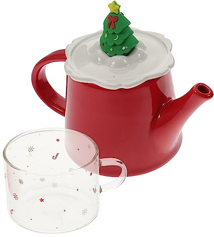 Amosfun Set Teiera e Tazza Natalizia in Ceramica Decorazione Albero Di Natale, Teiera Retrò Per Casa, Tazza Impilabile Salvaspazio, Strumento Per Servire Tè Festivo