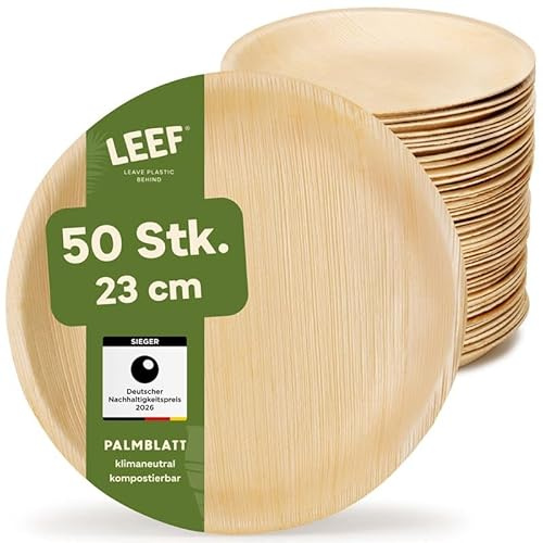Leef 50x Palmblatt Teller rund - Einweggeschirr kompostierbar und naturbelassen - 23 cm - für Hochzeit und BBQ - umweltfreundlich - Geschirr Partygeschirr Einwegteller