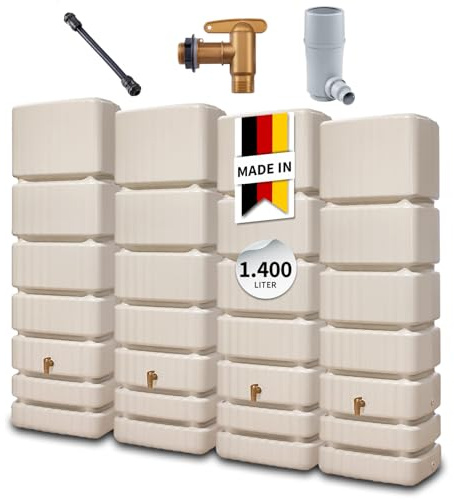 4rain Slim Wandtank-Set 1400 Liter sandbeige - Regentonne, Regenfass, Wassertank, Regenwassertonne, Wasserfass, Regenwassertank, Wassertonnen für Garten, Wassertonne, Fass, Wasserbehälter