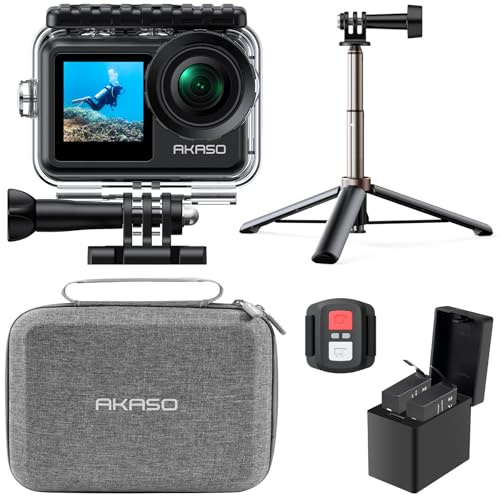 AKASO Brave 7 LE Action Camera Selfie Stick Bundle - Includes Brave 7 LE Waterproof Camera, Native 4K EIS 2.0 Dual Screen, Selfie Stick, 2 Batteries, Carrying Case, and Accessory Kits