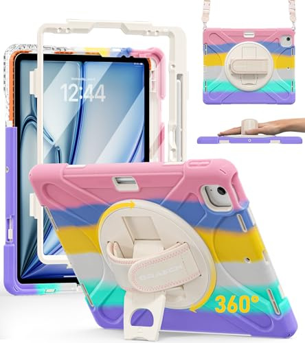 BRAECN Kids Case for iPad Air 13 Inch, iPad Pro 12.9''(2022/2021/2020/2018) | for 2026(M4)/2025(M3)/2024(M2), Full-Body Protection, Screen Protector, Pencil Holder, Rotating Handle Kicktand Shouler Strap