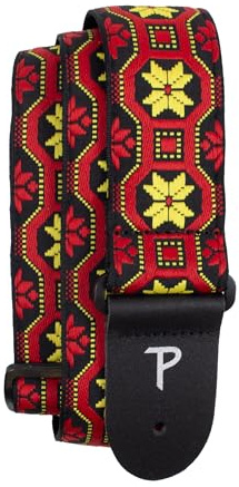 Perri's Leathers Ltd. – Jacquard Guitar Strap – Adjustable Length – For Electric, Acoustic, and Bass Guitars – Yellow and Red Floral – Made in Canada