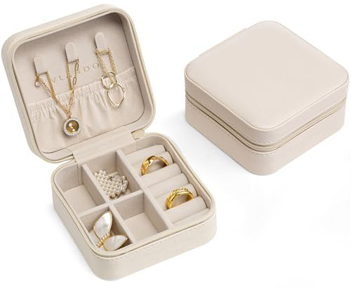 VLANDO Schmuckkästchen Reise, Schmuckaufbewahrung Klein, Basic | Geschenk für Damen, Urlaub Must Haves, Travel Essentials, Für Halsketten, Ringe, Kompakt Leicht,Weiches Samtfutter, Beige