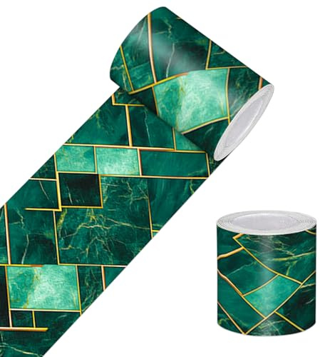 HOMETITUTE Wallpaper Border Peel and Stick Decorative Wall Trim Self Adhesive Green Mosaic Accent Strip for Bathroom Kitchen Mirror Frame Sink Edge Laundry Area 4x196 Inch Emerald Tile Pattern Design