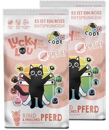 Lucky Lou Adult Trockenfutter für Katzen - Food Code Katzenfutter trocken für ausgewachsene Katzen, ohne Getreide & Zucker 1,7 kg (2er Pack), Sensitive Rind & Pferd