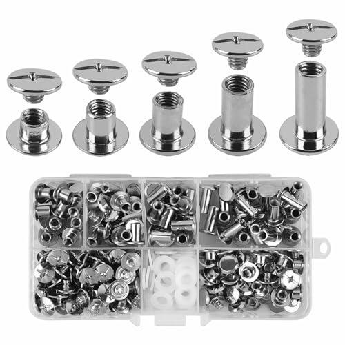 Funnytek 280PCS Chicago Screws, M5 * 4/6/8/10/12mm Chicago Screws Kit | Carbon Steel, Book Binding Rivets Posts, Metal Flat Cross Head Screw Rivets for DIY Leather Decoration