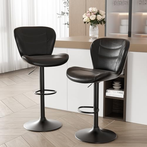 YUUIJOAA 2er Set Barhocker, Barhocker Höhenverstellbar mit Rückenlehne und Fußstütze, 360° Drehbarer Barstuhl mit Lehne, PU-Leder, Barstuhl für Küche,Bar, Esszimmer Schwarz