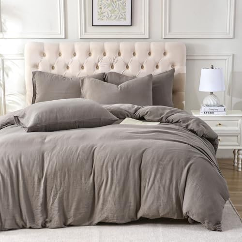 - LEEQHRRY - Muslin Duvet Cover Queen Size, 100% Washed Cotton Duvet Cover Set, Ultra Soft Comforter Cover Linen Like, 3 Pieces Minimalist Gauze Duvet Cover with 2 Pillowcases, 90x90, Gray