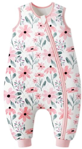 Yoofoss Baby Schlafsack mit Füßen 2.5 Tog Winter Schlafsack Baby mit Beinen Baumwolle Warm Babyschlafsack für 3-4 Jahre Kinder Jungen Mädchen 90 cm- Rosa Blume