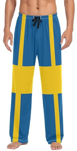 GuoChe Flanell pyjamasbyxor för män med fickor pyjamamabyxor män med fickor för herrar långa Small, Sveriges flagga, XL