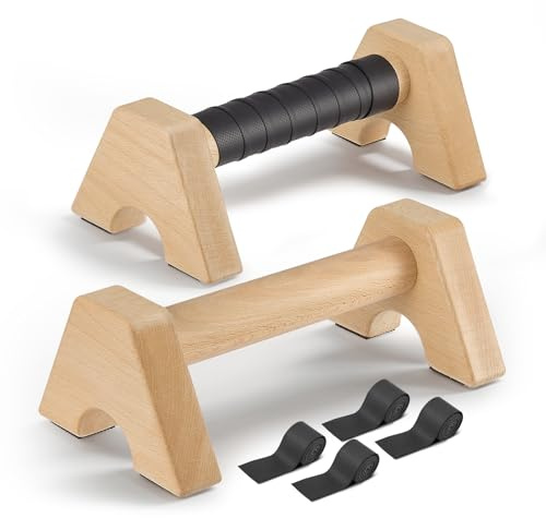 Premium Wooden Liegestützgriffe, 2 Rutschfeste, Stabile und Gelenkschonende Liegestützgriffe aus Holz mit Zwei Abnehmbaren Griffschlaufen Aerobic-Gerät für Handstände und Liegestütze