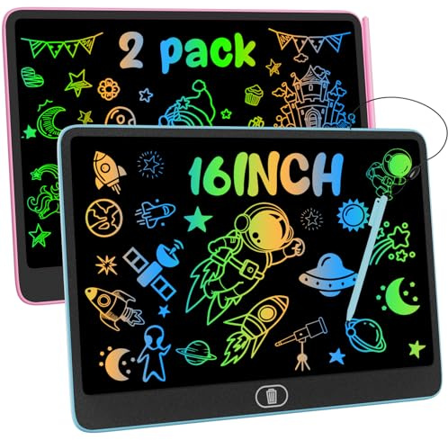 Ardoise Magique LCD 16 Pouces 2 Pièces - Tableau Dessin Enfant Écran Couleur 60% Plus Lumineux - Cadeau Éducatif Anti-Lumière Bleue pour Noël Anniversaire (Garçon Fille)