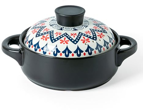 Large Ceramic Casserole Dish with Lid and Dual Handles - Round Emboss Stewpot for Gas Stove, Oven, Microwave - Vintage Style Uniform Heating Clay Pot (1.5L/1.58Quart, B)
