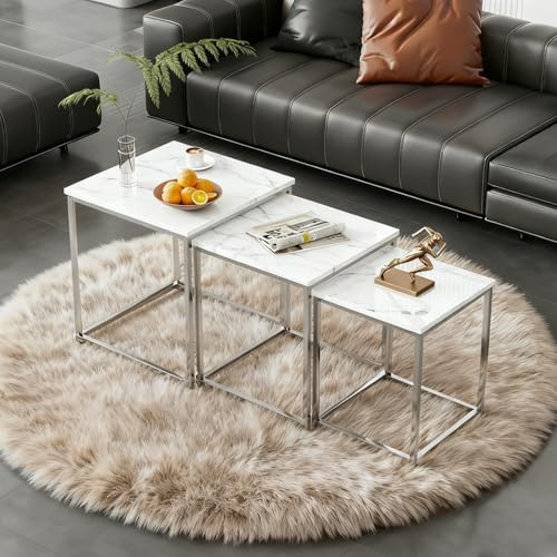 QIHANG-UK Nest of Tables Set of 3, Square Nesting Coffee Tables with Chrome Frame, Space Saving Stacking Nested Tables, 3-Piece High Gloss Sofa Side Table Set for Living Room Bedroom (White Marble)