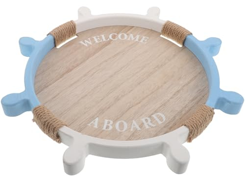 BESPORTBLE Plateau Décoratif en Bois Massif Style Gouvernail de Bateau, Grand Format, Plateau de Service Rond pour Fruits et Apéritifs, Décor Bord de Mer Cuisine, Salon et Fêtes Estivales
