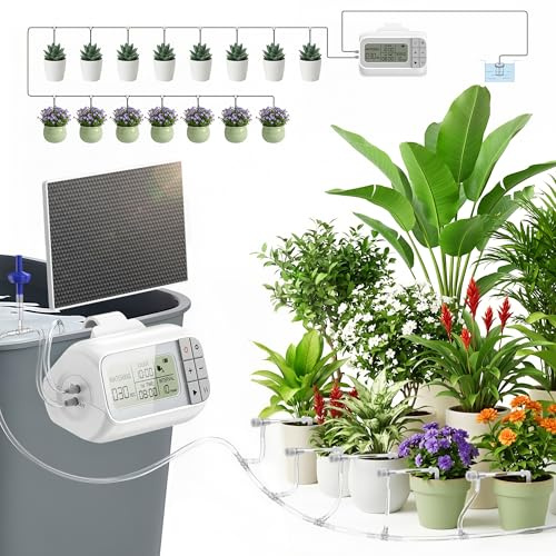 Solar Bewässerungssystem für 15 Pflanzen, Automatische Tropfbewässerung mit Timer, Solarbetrieben, inkl. 10m Schlauch, 15x T-Stück, 15x Tropfer & Ventil, Ideal für Garten, Balkon & Gewächshaus