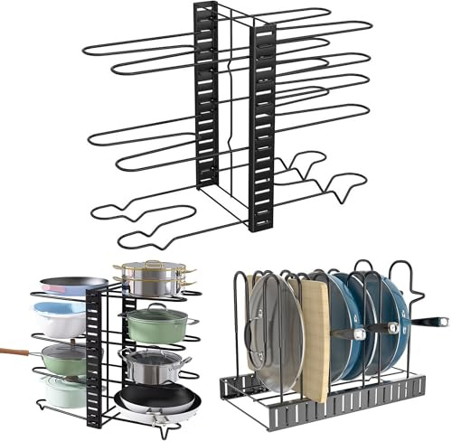 VZJYJZ Organizador de ollas y sartenes de 8 niveles, soporte de cacerola ajustable en altura, para encimera de cocina y debajo del armario, color negro (48 x 38 x 20,5 cm)