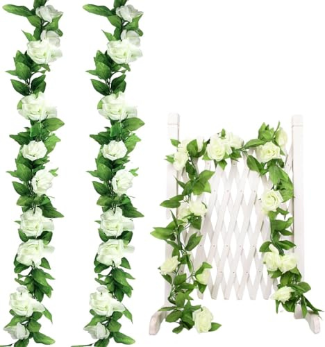 Artificial Flower Garland - 2 Pack White Rose Garland with 8cm Large Silk Flowers, 1.8m Long Floral Vine for Wedding Decorations, Party Backdrop, Home Wall Decor (White)