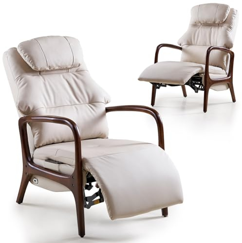 EMIAH Sillón Relax con Reposabrazos de Madera, Sillón con Soporte Lumbar y Función de Estiramiento, Sillón Reclinable Eléctrico con Reclinación y Reposapiés, Sillón TV con Cabezal Ajustable, Beige