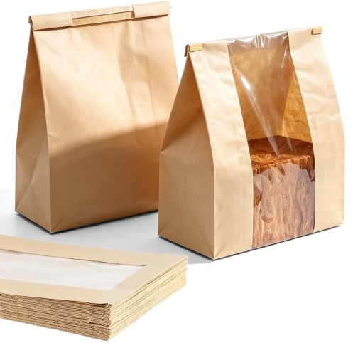 50 stycken brödpåsar papper stor, livsmedelsgodkända bruna papperspåsar med fönster, smörlådor kraftpapperspåsar rostat bröd sötsaker brödkakor smörgåsgåvor (35 x 21 x 9 cm)