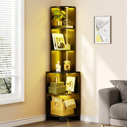 YITAHOME 5 Tier Corner Shelf with LED Lights, Corner Bookcase Display Unit with 7 Colour App Control, Tall Corner Shelves Storage Unit for Living Room Bedroom, 35x35x167cm, Black