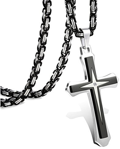 LOLIAS Black Cross Necklace for Men Stainless Steel Byzantine Chain With Cross Pendant Necklace Mens Gift 22Inch
