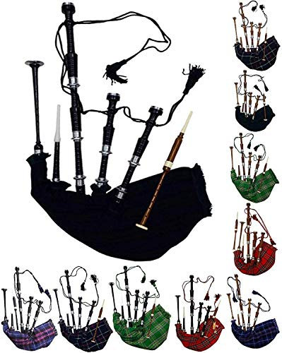 Schottischer Dudelsack in voller Größe, Palisanderholz oder braunes Finish mit silberfarbenen Halterungen, inklusive Anleitungsbuch, Tragetasche, Drohne, Schilfrohr (braun, Royal Stewar)