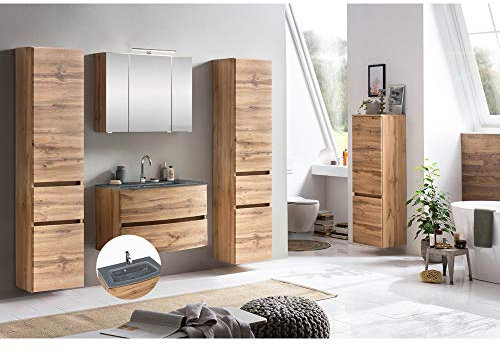 Lomadox Badmöbel 5-TLG. Set in Wotaneiche Nb. mit Glasbecken grau, BxHxT: ca. 200x200x49 cm