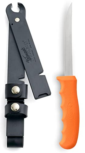 CUTCO Fisherman's Solution with 6 - 9 Adjustable Blade and 5.4 ORANGE Handle. Pivoting sheath doubles as a gripper; built-in, notched line cutter and sharpening stone.