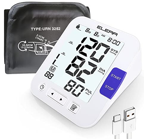 Large Screen Blood Pressure Monitor, ELERA Extra Large Cuff 32-52 cm Blood Pressure Machine for Home Use, Upper Arm BP Cuff Kit with Backlight LCD & HR Detection, Two User Mode