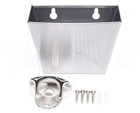 Wall Mounted Beer Bottle Opener, Cap Storage Box, Collect Bucket Set, Kitchen Tool Beer Cap Holder with Screws, Stainless Steel Bottle Cap Catcher for Home Kitchen Bar Indoor Outdoor