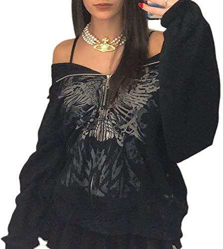 FeMereina Women's Y2k Zip Up Hoodies Long Sleeve Graphic Star Print Hooded Jacket Oversized Goth Harajuku Sweatshirt Punk Grunge Streetwear