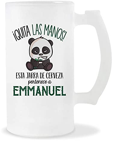 Planetee Jarra de Cerveza | Nombre Emmanuel | Vaso con un Panda bonito pero gruñón. Original idea para regalar a un amigo, familiar o colega