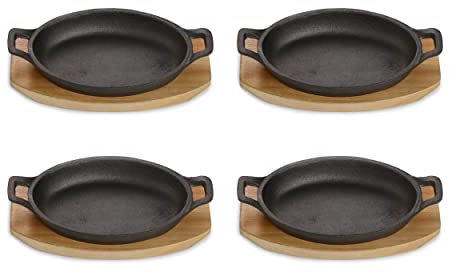 ECHTWERK Juego de 4 fuentes de hierro fundido, fuente de servir, cazuela con tabla de servir, sartén grill, ya cocida, apta para hornos, parrillas y barbacoas, ideal para servir, Gran edición
