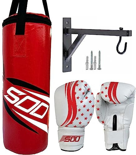 Kids Punching Bag Set, Unfilled Junior Kick Boxing Bag Kit with Gloves Pads & Hanging 12’’ Wall Bracket, Heavy Duty Wall Mounted Punch Bag for Youth MMA, Martial Art Thai Training (Red)