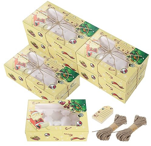 Kinsinder 20pcs Weihnachten Cupcake Boxen, 6 Loch Cupcake Box Karton mit Sichtfenster mit Gelb Hängenden Tag und Hanf Seil, Cupcake Muffins Boxen für Kuchen Creme Kekse Dessert (Gelb)