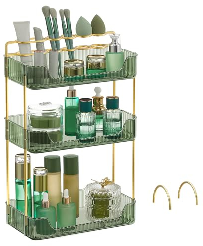 SONGMICS Makeup Organizer, 3-Tier Skincare Organizer Countertop, Customizable, 2 Types of Accessories, Jewelry Holder, for Vanity, Bedroom, Bathroom, Pale Green UJKA013C01