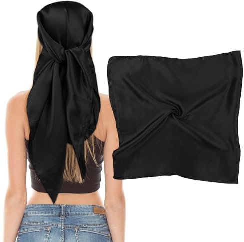 Bewudy Pañuelo cuadrado grande de satén para la cabeza, bufanda de seda para mujer, pañuelo para envolver el cabello y dormir por la noche, Negro -, 35in