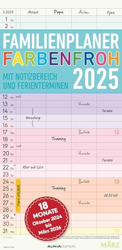 Alpha Edition - Familienplaner Farbenfroh 2025 Familientimer, 22x45cm, Familienkalender mit 4 Spalten für Termine, viel Platz für Notizmöglichkeiten, Ferientermine DE/AT/CH, deutsches Kalendarium