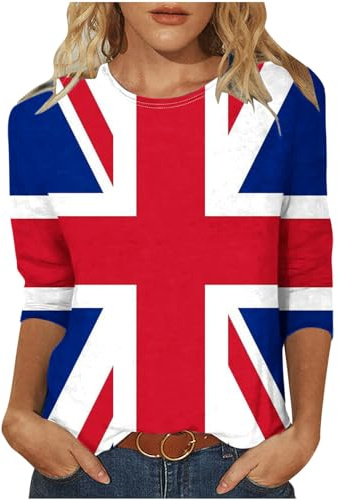 AnnSemo Union Jack T Shirt Summer Tops for Women British Flag Full Print Blouses Casual 3/4 Sleeve Tunic Tops Loose Fit Round Neck Pullover 6th of May Shirts for King's Coronation