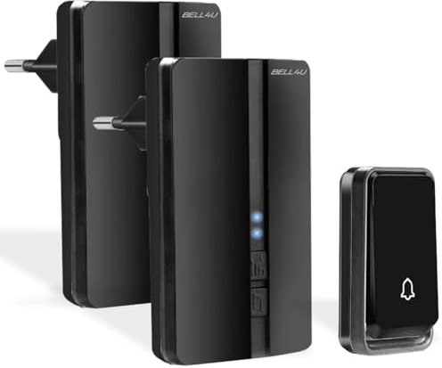 Bell4U Wireless Doorbell, Battery-Free Wireless Set, 200 m Range, IP55 Outdoor Waterproof Front Door Bell with 2 Plug-In Receivers, No Batteries Required, 51 Melodies