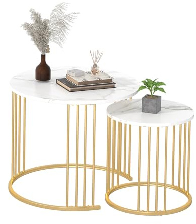 Nesting Coffee Table Set of 2, Round Table, Morden End Side Table Night Stand for Bedroom Dining Room (Marble White)