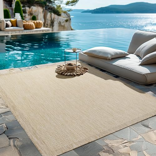 HomebyHome Alfombra Interior Exterior 240x340 cm Beige Lisa Lavable Impermeable Tejido Plano para Espacios Grandes terraza jardín salón Cocina