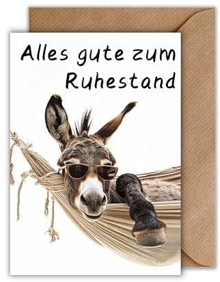 WBdesignz Lustige Ruhestandskarte – „Alles Gute zum Ruhestand“ – Witzige Abschiedskarte DIN A6 mit Esel in Hängematte & Umschlag – Karte zum Rentenbeginn für Kollegen, Freunde & Chefs
