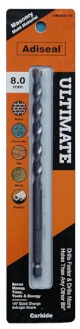 Adiseal Ultimate Masonry Multi-Material Carbide Drill Bit 8mm. Drill Faster, Quieter & Safer.