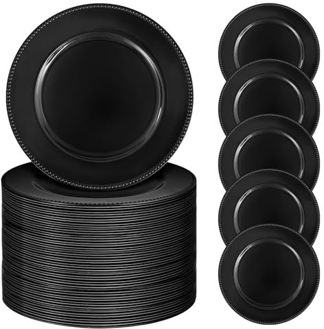 50 Pcs Black Charger Plates Bulk, 13 Round Beaded Plate Chargers for Dinner Plates, Decorative Dinner Chargers Plastic Table Chargers for Wedding Holiday Party Baby Shower Event Decoration (Black)