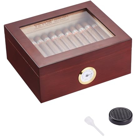 VEVOR Humidor per Sigari, Scatola Humidor con Piano in Vetro Legno di Cedro Spagnolo Fatto a Mano, Custodia per Sigari Scatola con Umidificatore Igrometro Divisore 30-50 Sigari, Regalo per Uomini