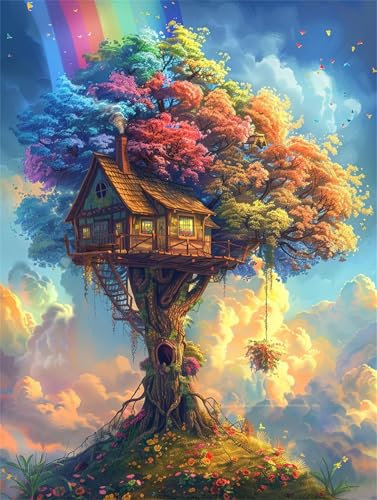 Peinture par Numero Adulte cabane dans les arbres, arc-en-ciel Peinture par Numero Adulte Loisir Créatif, Peinture Numero Enfant Activité Manuelle, 3 Pinceaux et Pigment, Decoration Chambre 30x40cm